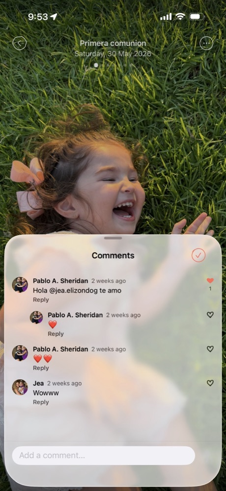 A shared moment in Twenty4 with comments, replies and hearts from family